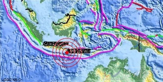 圖片顯示了巴厘島地震的震中。（圖片來源：美國地質勘探局）