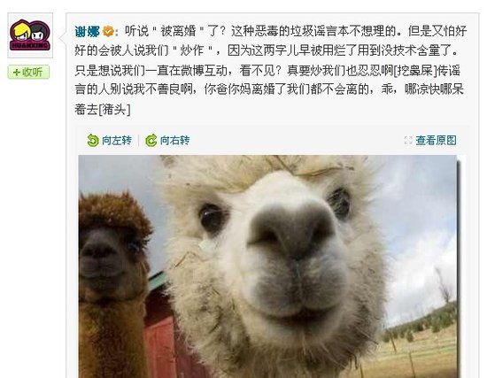 張杰謝娜被離婚，謝娜微博怒罵送造謠者“草泥馬”