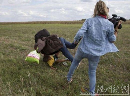 女記者絆倒難民圖片